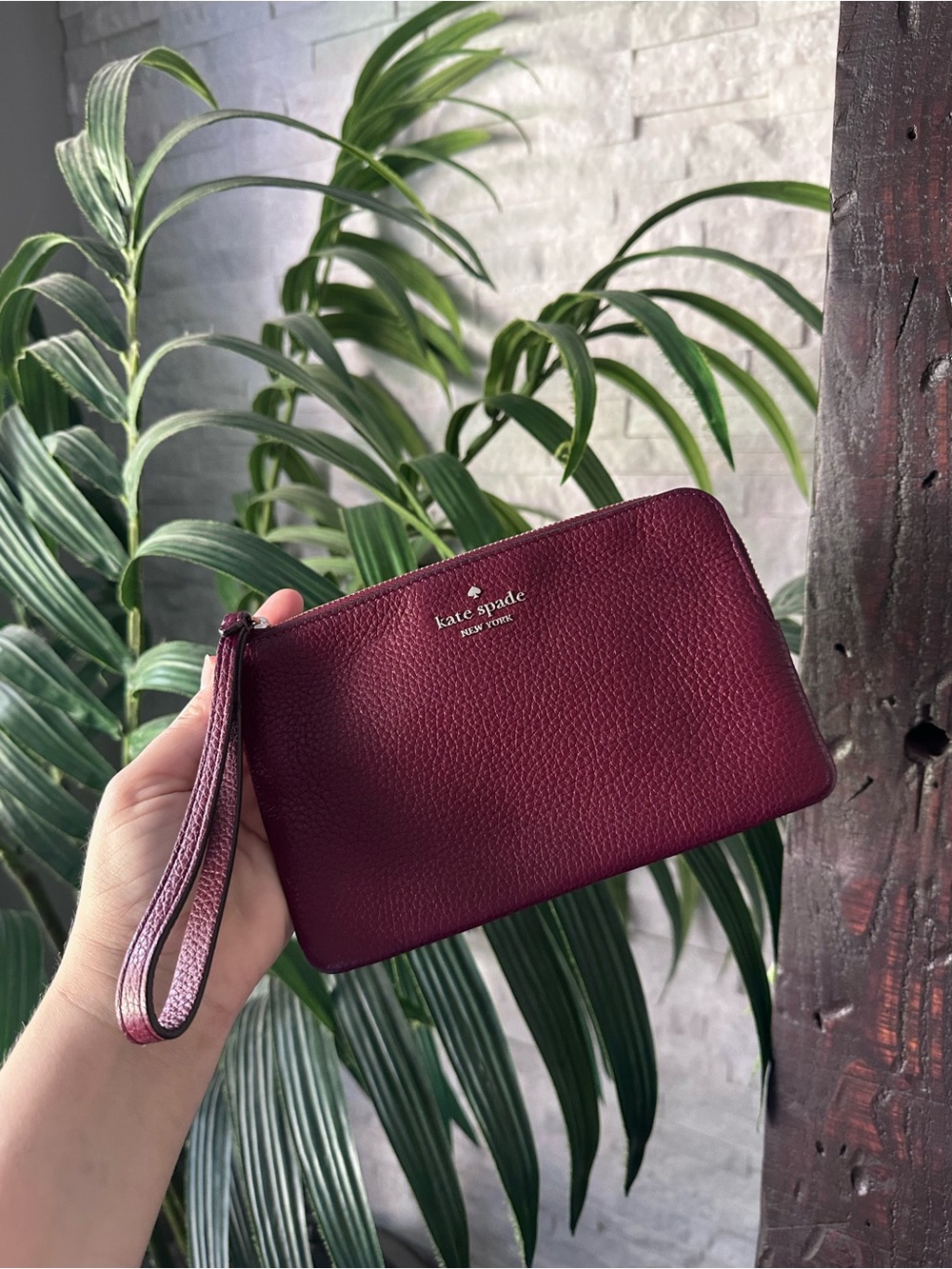 kate spade Wine Burgundy “Leila” Red Pebbled Leather Zip Wristlet